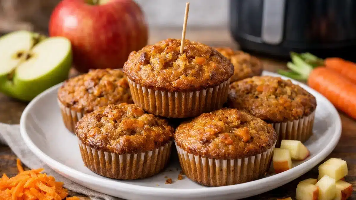 Muffins de zanahoria y manzana en freidora de aire con palillo para comprobar el punto