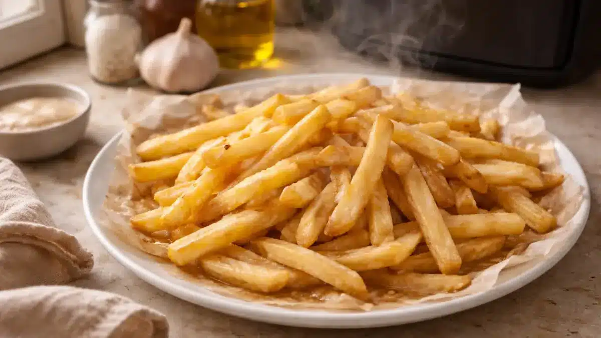 Plato con patatas fritas p&aacute;lidas y blandas sobre papel de horno.
