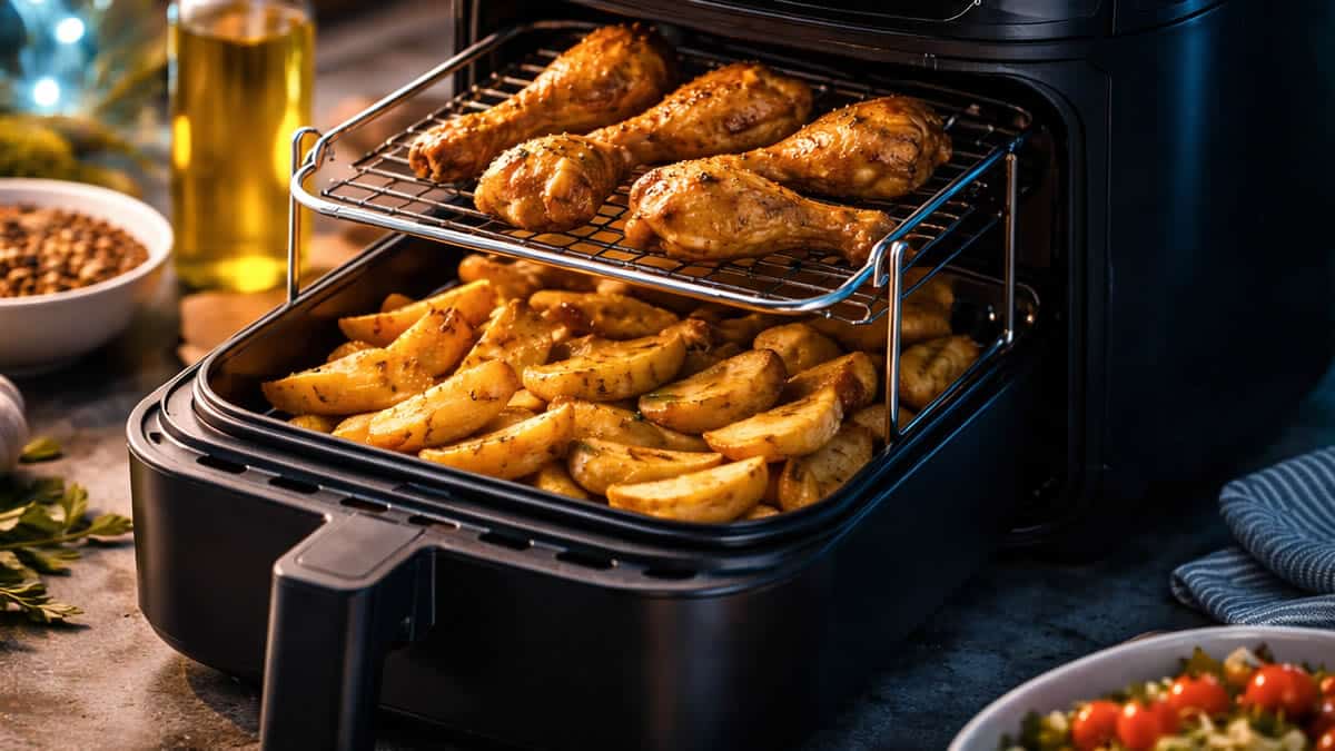Rejilla de segunda altura en freidora de aire con pollo y patatas crujientes.