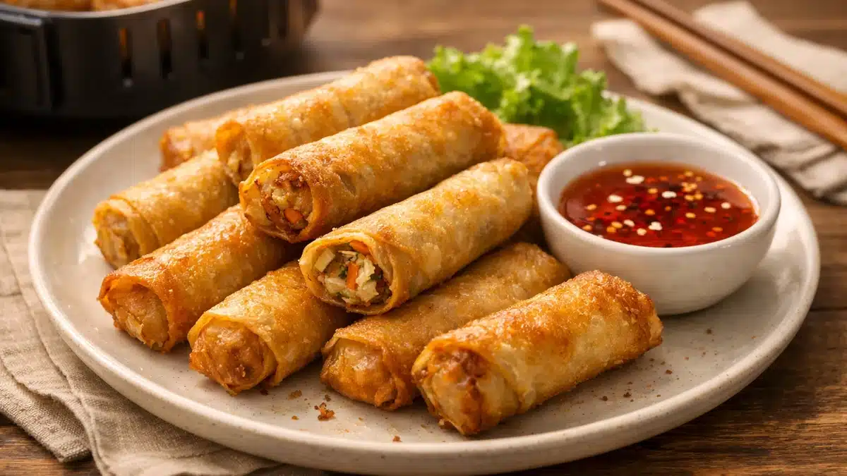Rollitos de primavera crujientes en freidora de aire con salsa