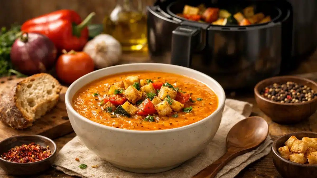 Sopa de verduras asadas en freidora de aire en un bol, con verduras tostadas y topping crujiente