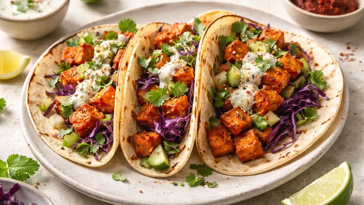 Tacos de boniato con harissa en freidora de aire con salsa de yogur y lim&oacute;n