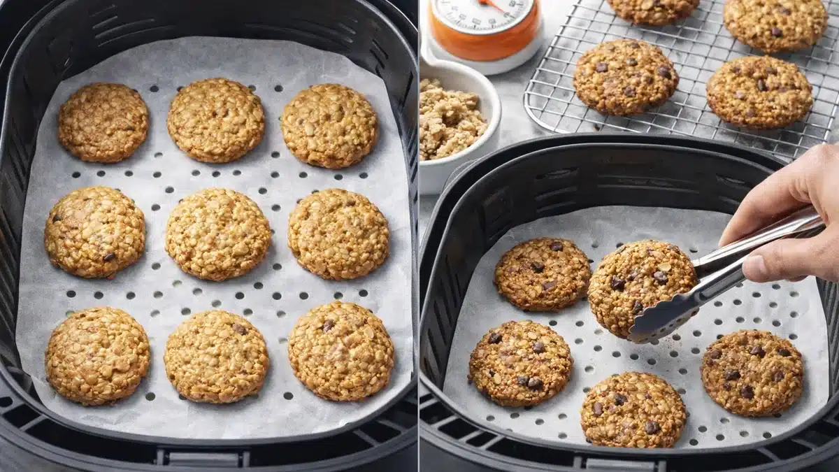 Galletas de avena en freidora de aire bien separadas sobre papel perforado; se ve el reposo en rejilla para que no se rompan.