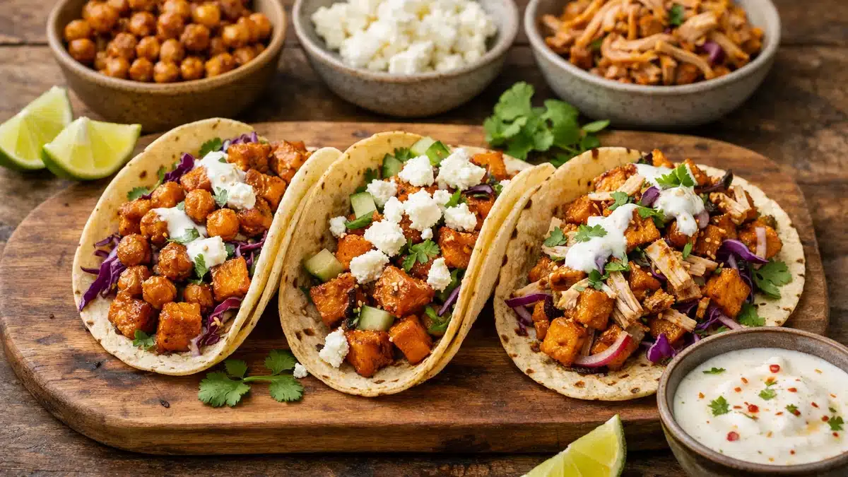 Variaciones de tacos de boniato en freidora de aire con garbanzos, feta y pollo